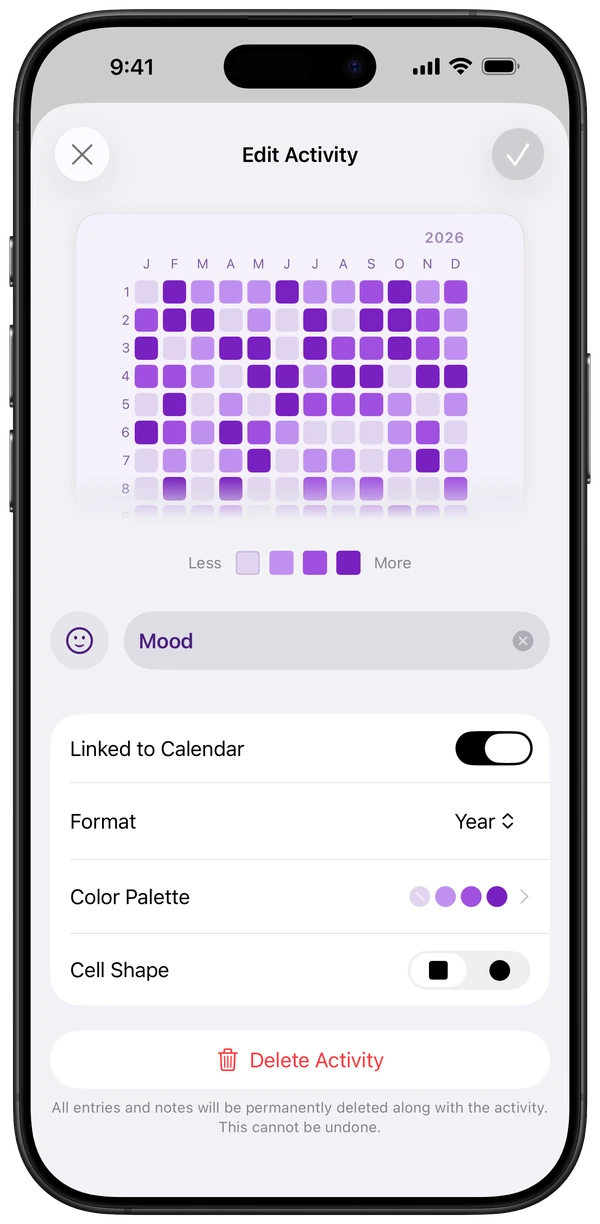 Edit Activity settings for the Mood tracker: format, color palette and cell shape