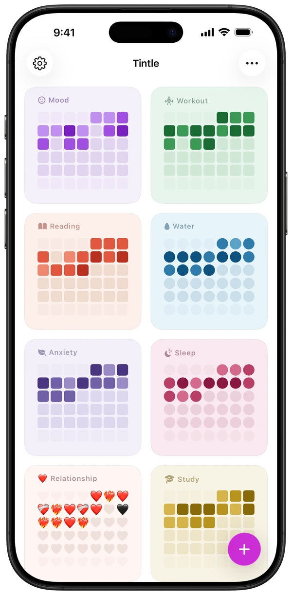 Tintle home screen with Mood, Workout, Reading, Water, Anxiety, Sleep, Relationship and Study trackers