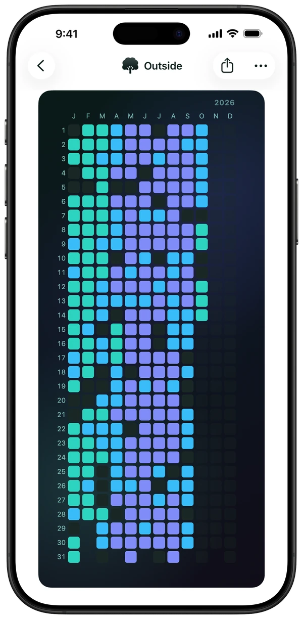 Outside tracker, year view in the Aurora palette