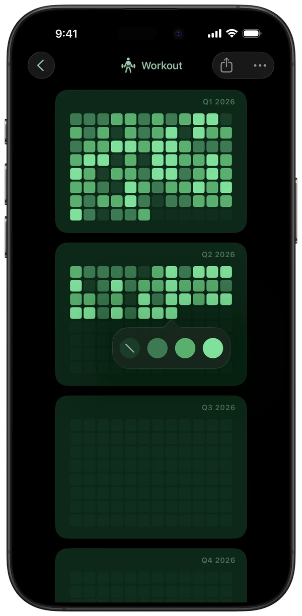 Workout tracker, quarter view with the shade picker open