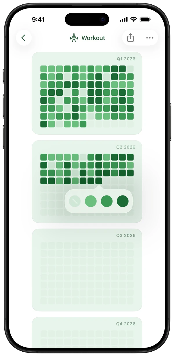 Workout tracker, quarter view with the shade picker open