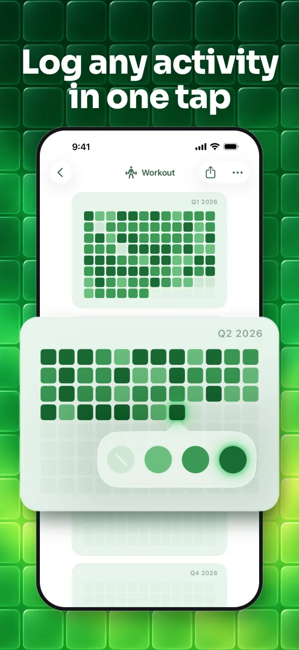 Workout tracker, quarter view, with the green shade picker open.