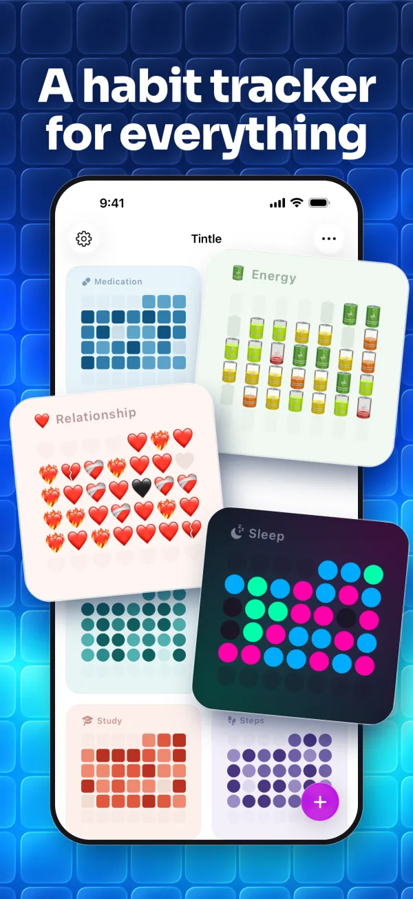 Tintle home screen with Medication, Energy, Relationship, Sleep and Study trackers.
