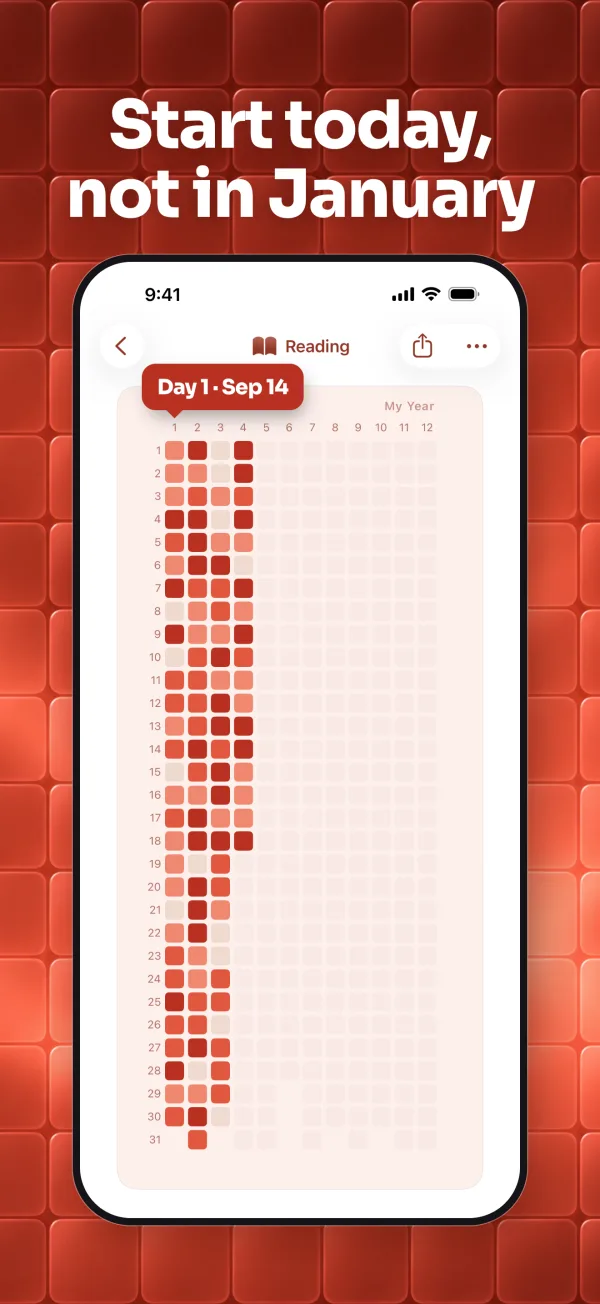 Reading tracker, year view, whose first day is Sep 14.