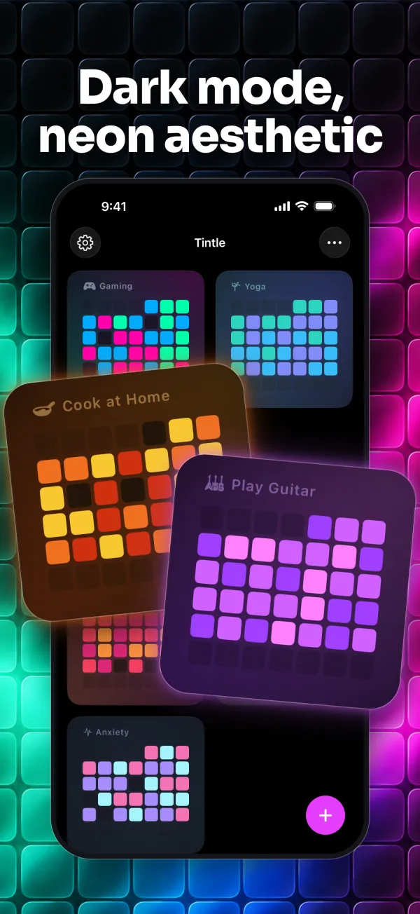 Tintle in dark mode with neon Cook at Home and Play Guitar trackers.