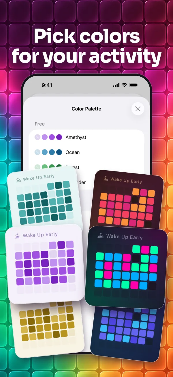 Color Palette sheet with Amethyst and Ocean, and Wake Up Early trackers in several palettes.
