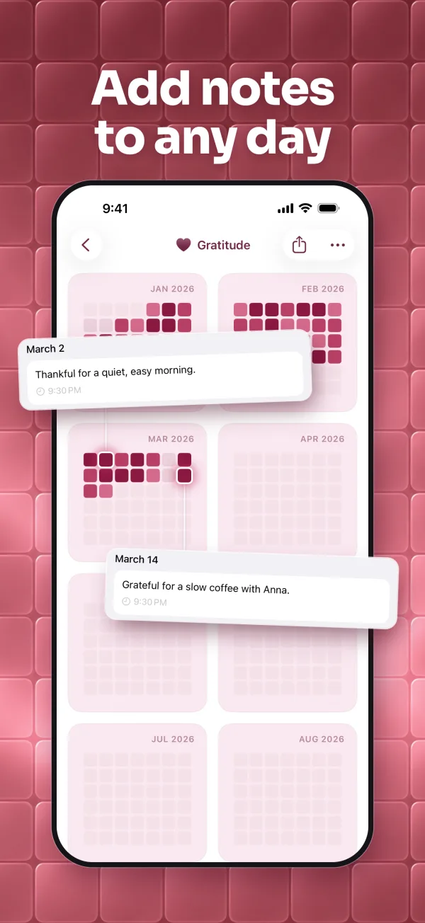 Gratitude tracker with notes for March 2 and March 14.